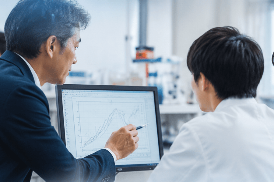 Two coworkers analyze a line graph displayed on a desktop monitor together.